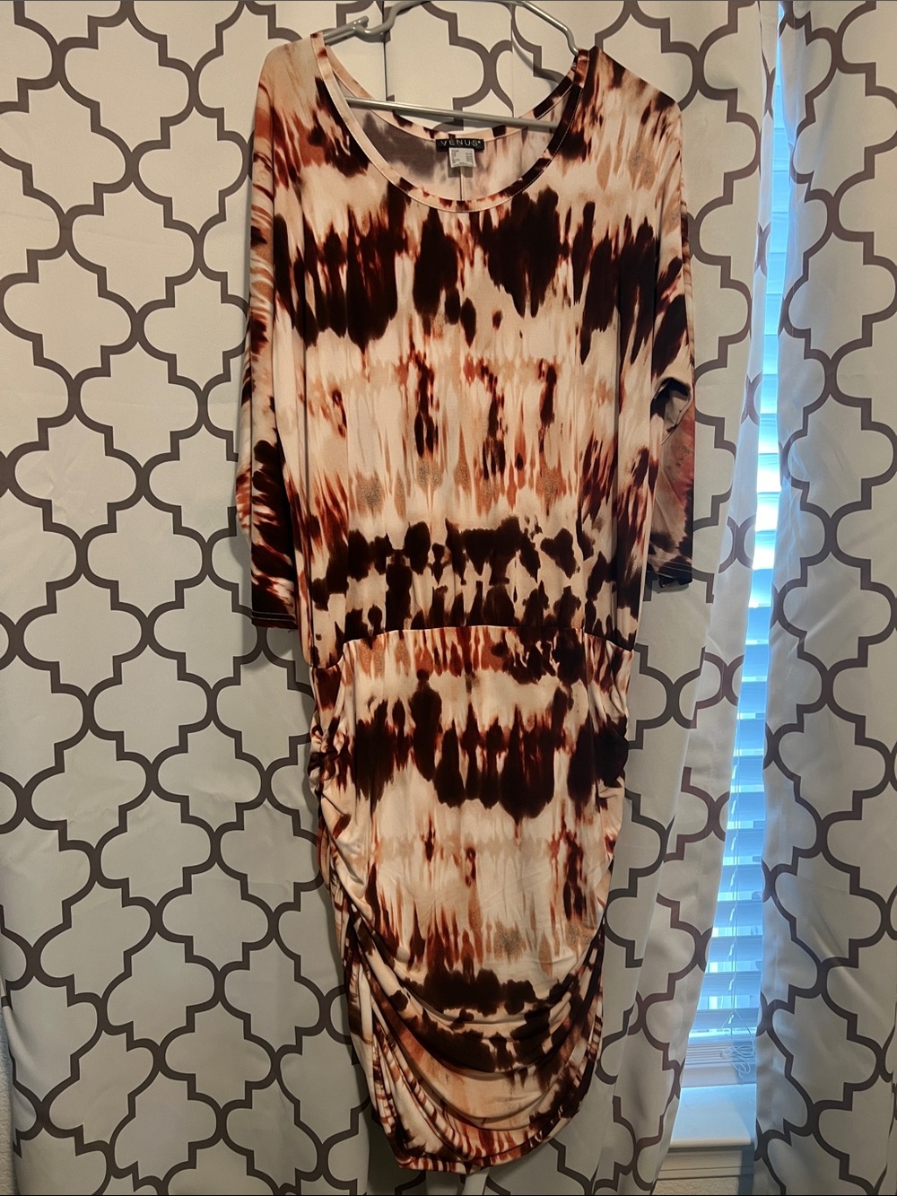 VENUS Brown and Cream Tie-Dye Ruched Midi Dress